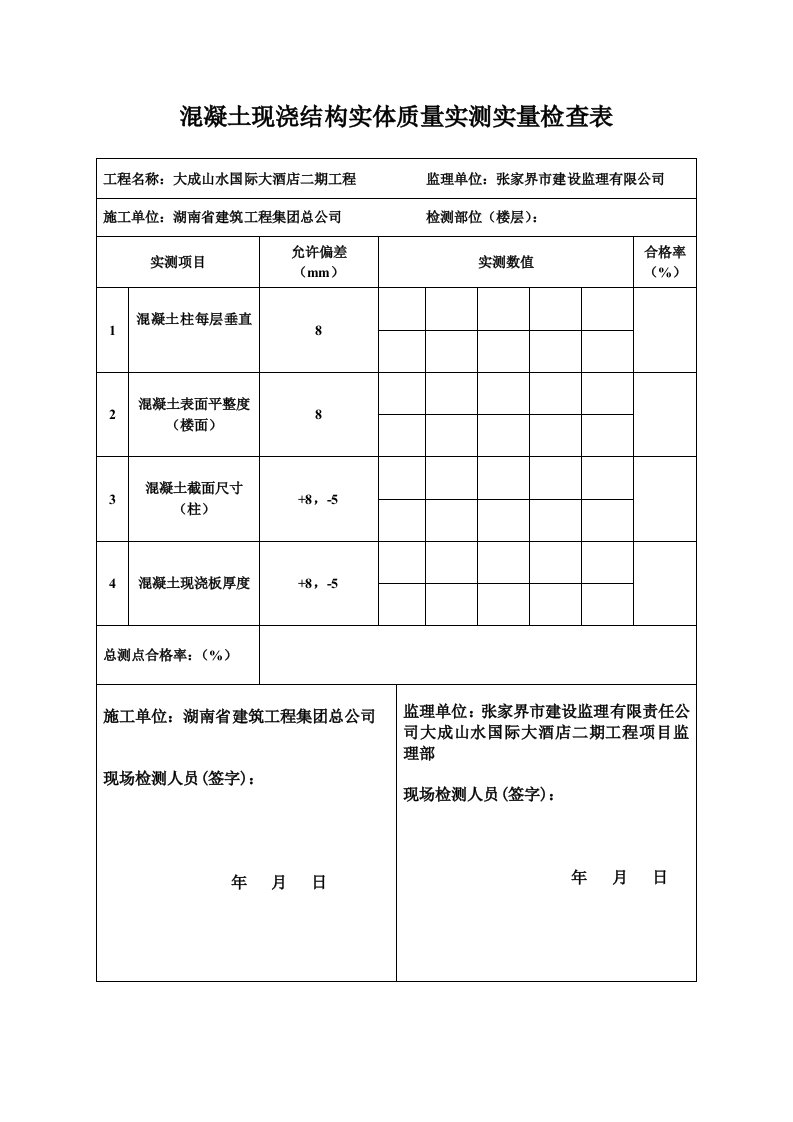 结构工程实体质量实测实量检查表