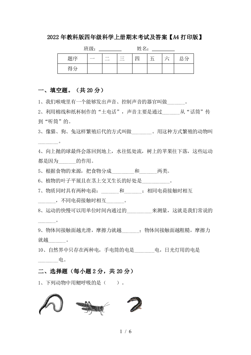 2022年教科版四年级科学上册期末考试及答案【A4打印版】