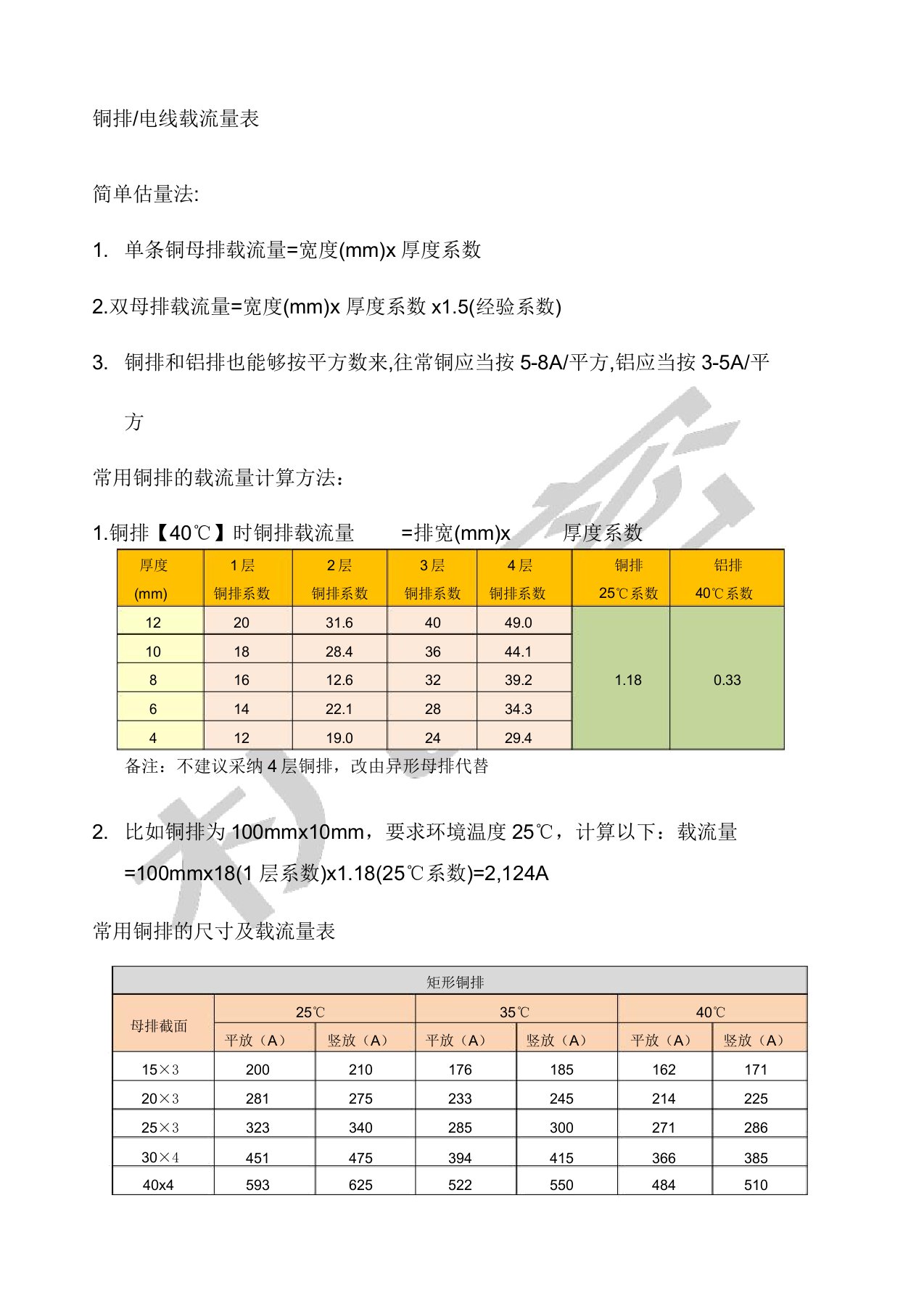 国标铜排载流量