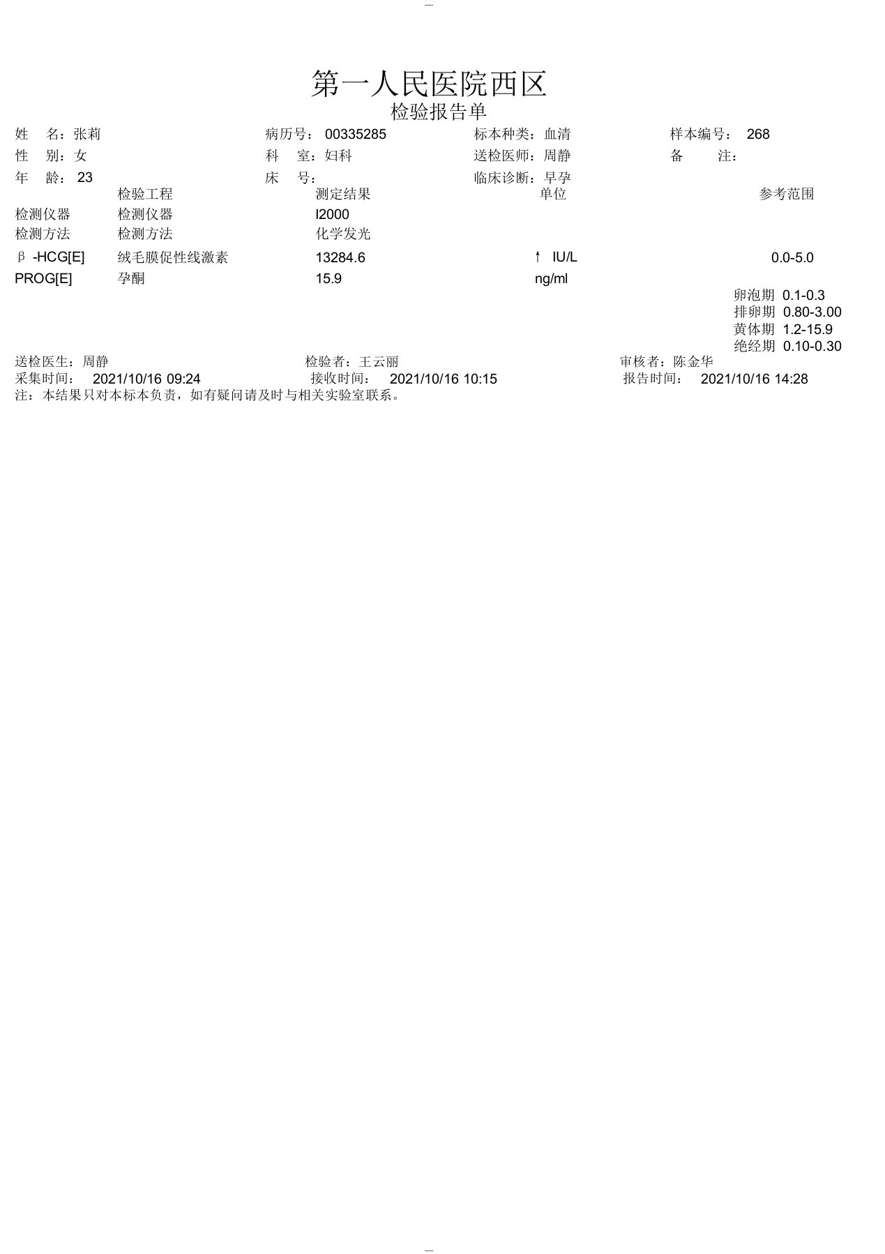 孕检化验单模板