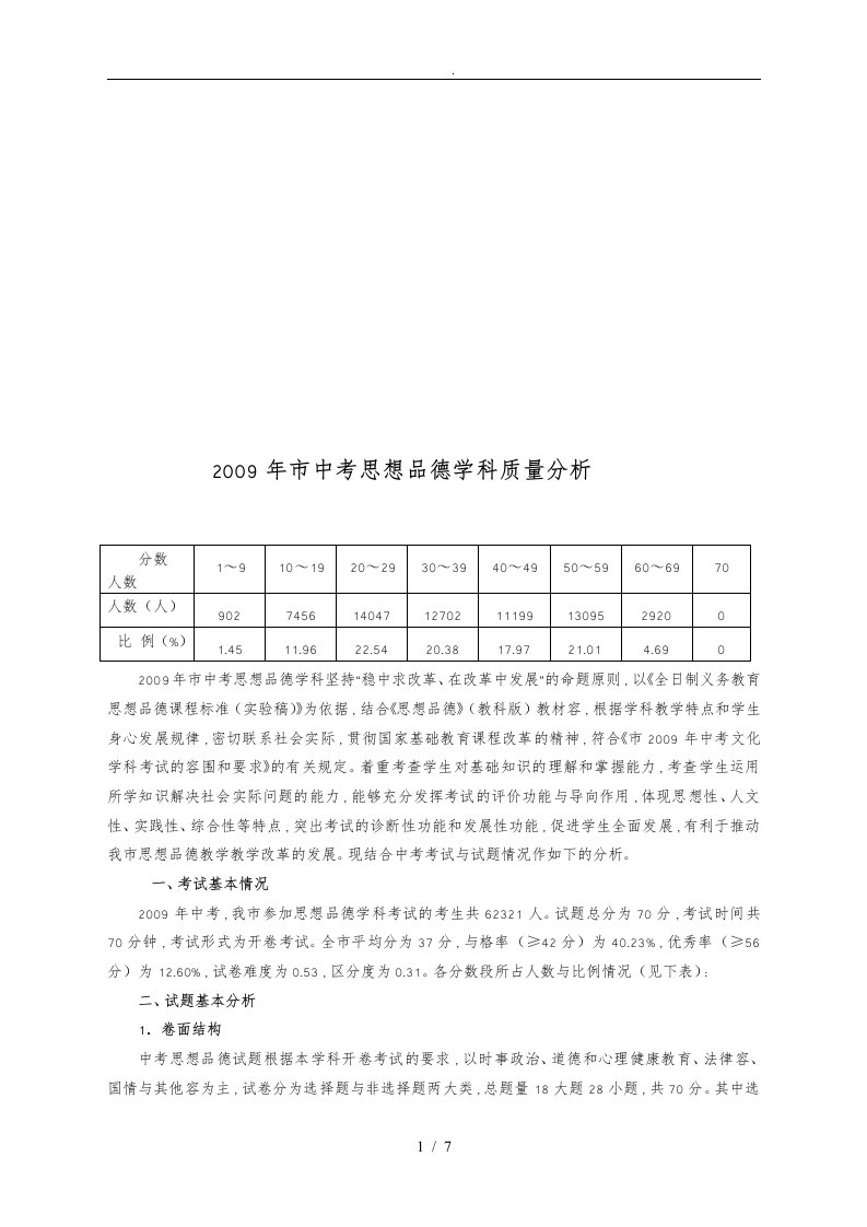 中考思想品德学科质量分析报告模版