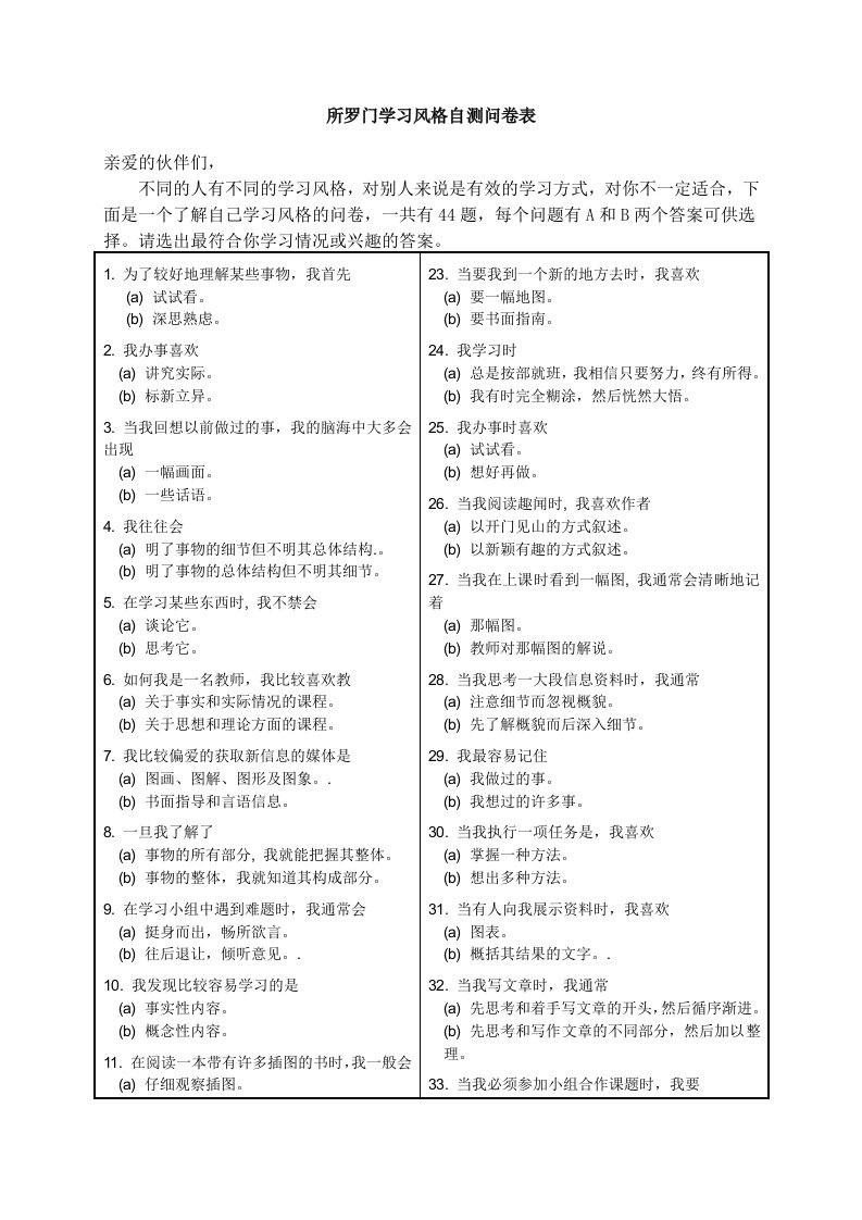 所罗门学习风格自测问卷表含答案