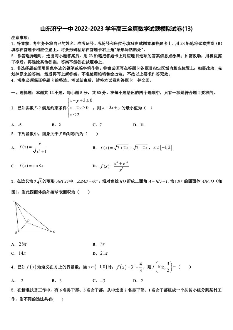 山东济宁一中2022-2023学年高三全真数学试题模拟试卷(13)