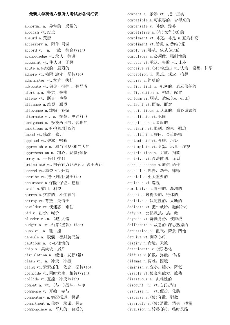 最新大学英语六级听力考试必备词汇