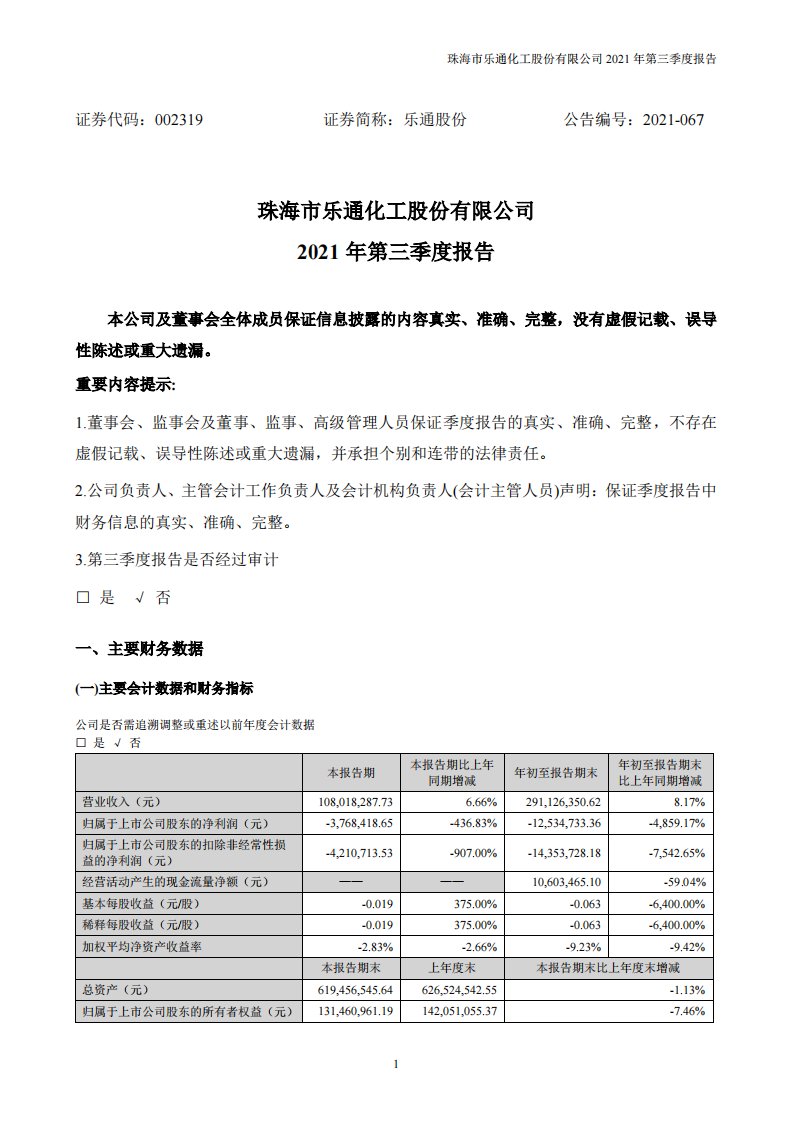 深交所-乐通股份：2021年第三季度报告-20211030