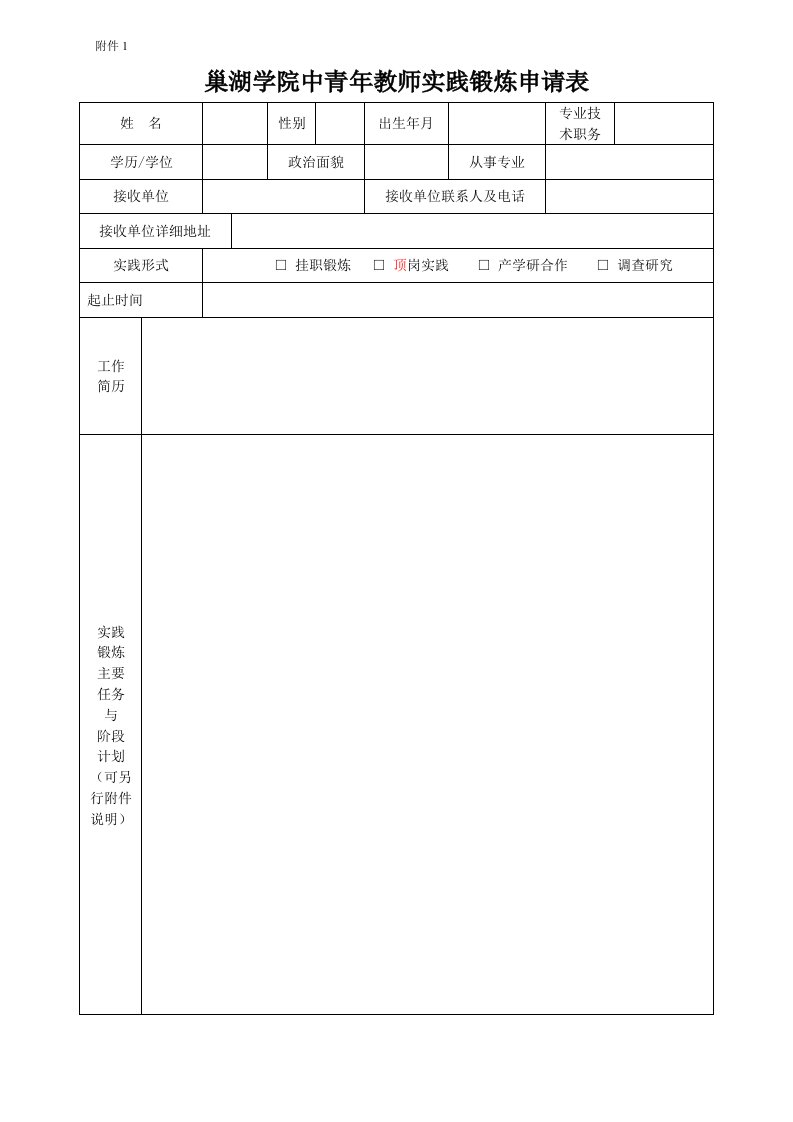 巢湖学院中青年教师实践锻炼申请表