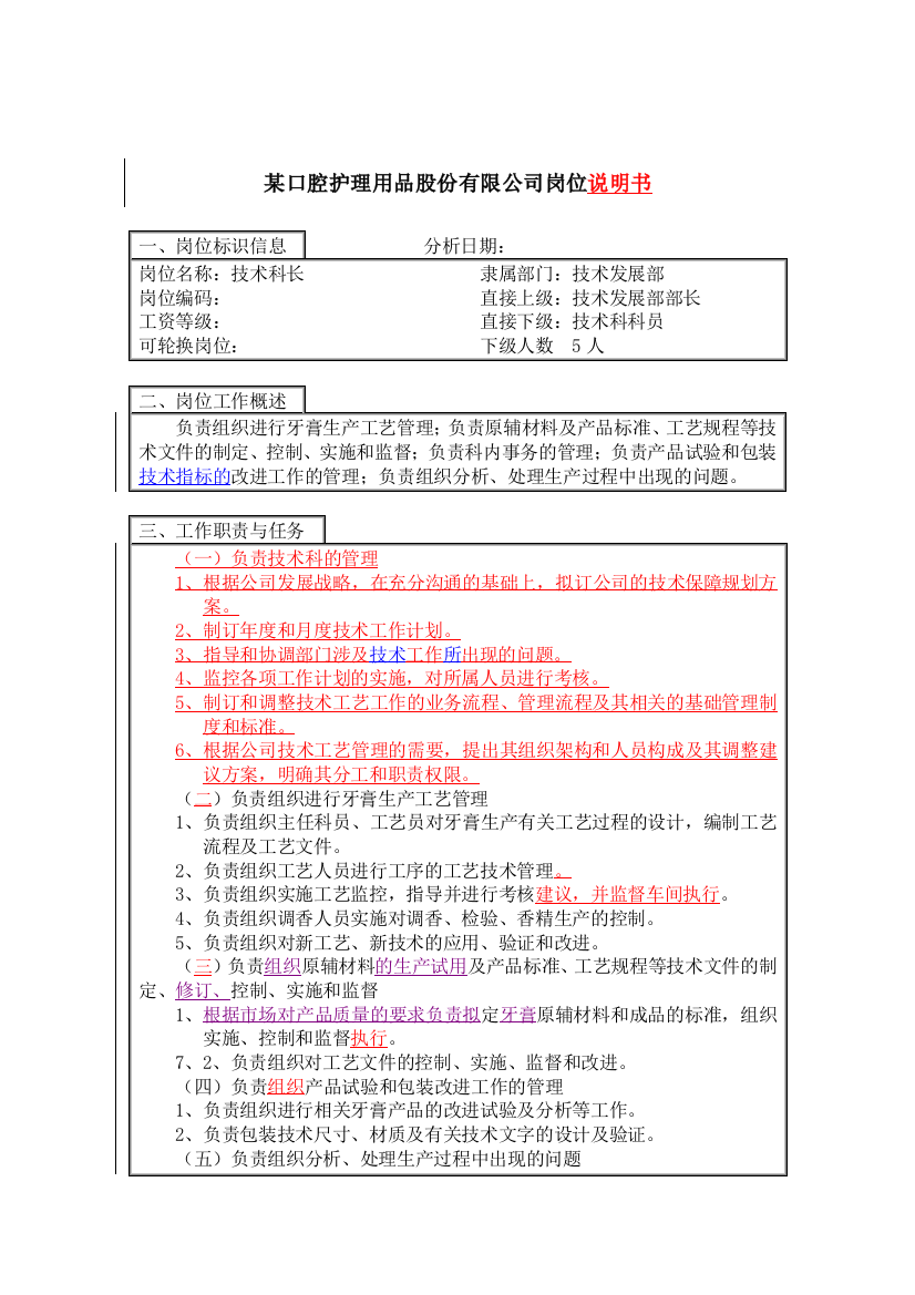 技术科科长岗位说明书