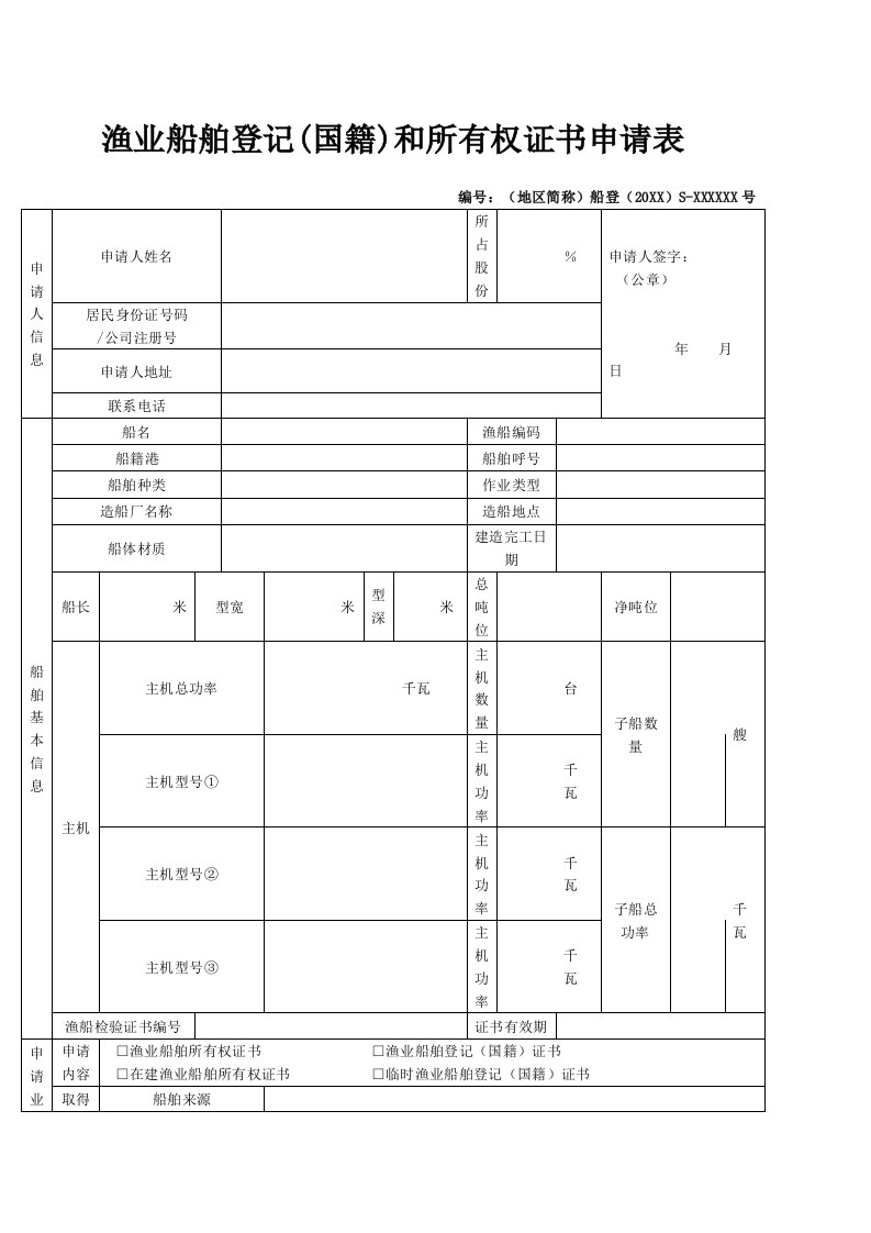 渔业船舶登记国籍和所有权证书申请表