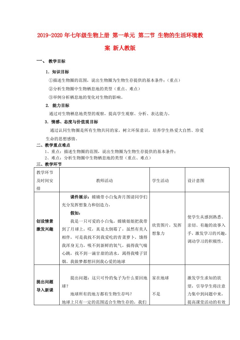 2019-2020年七年级生物上册