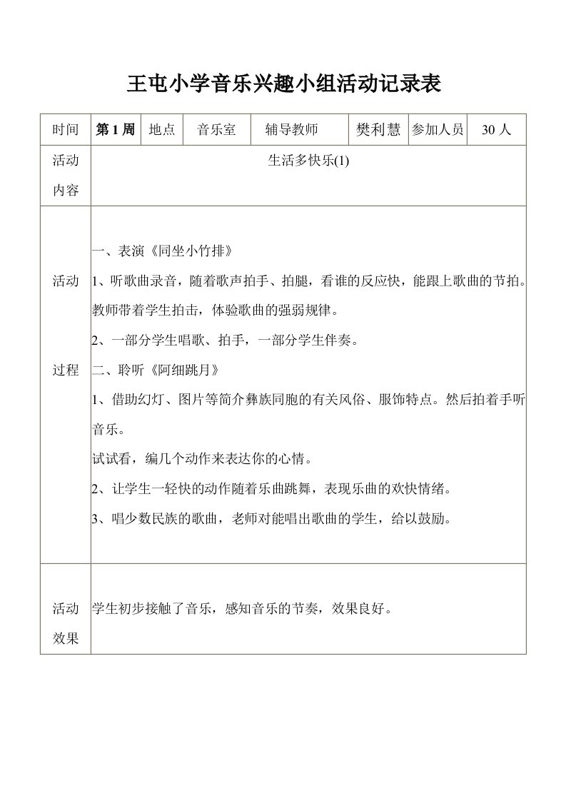 小学音乐兴趣小组活动记录表