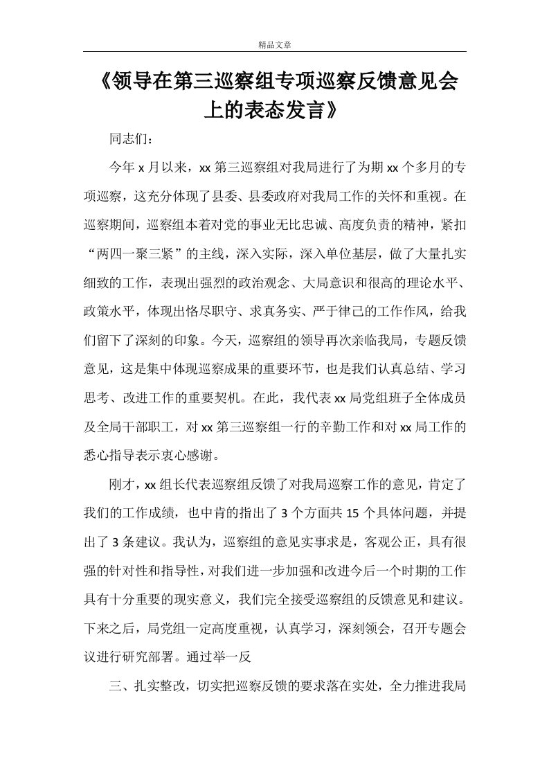 《领导在第三巡察组专项巡察反馈意见会上的表态发言》