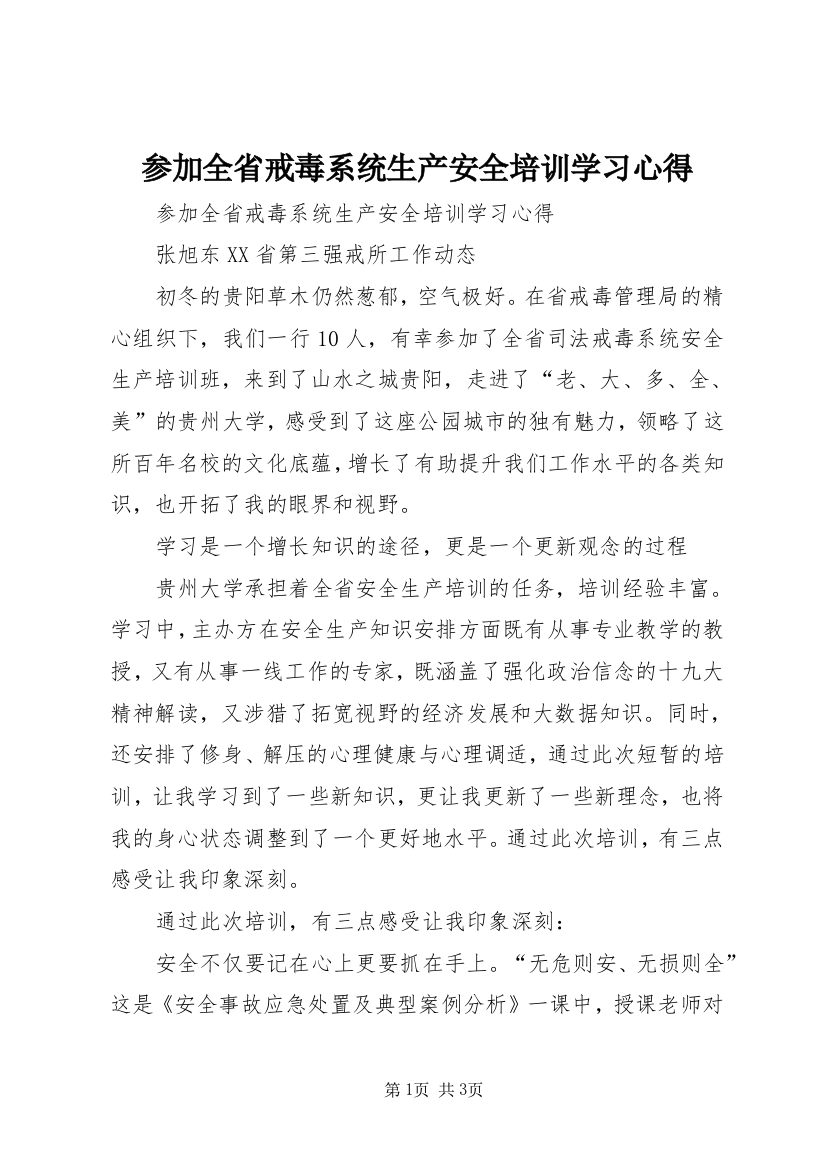 参加全省戒毒系统生产安全培训学习心得