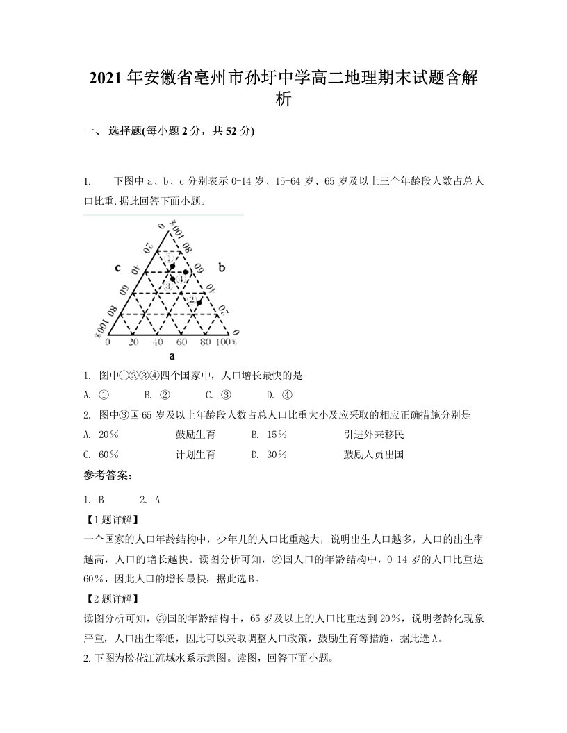 2021年安徽省亳州市孙圩中学高二地理期末试题含解析