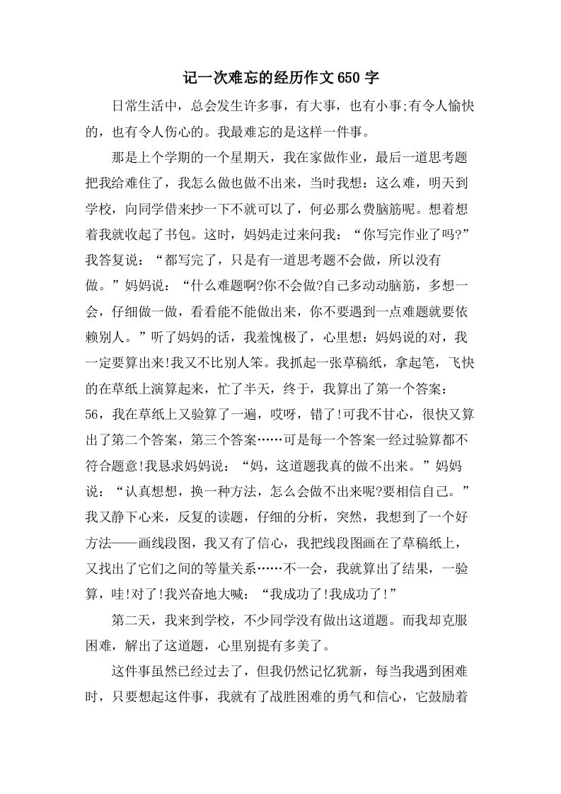 记一次难忘的经历作文650字