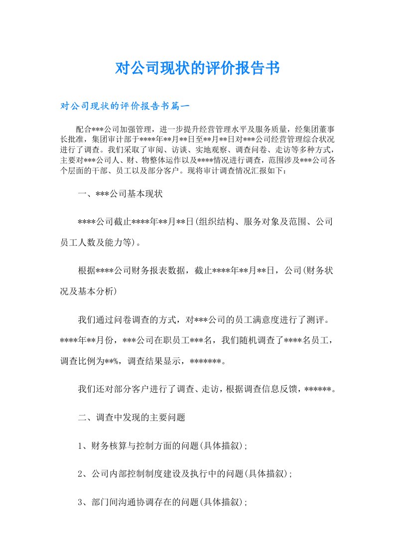 对公司现状的评价报告书