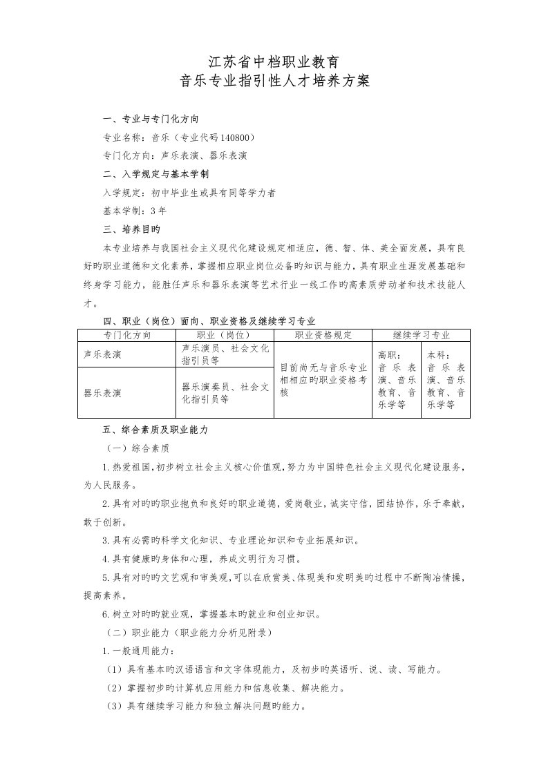 中等职业教育音乐专业培养专题方案