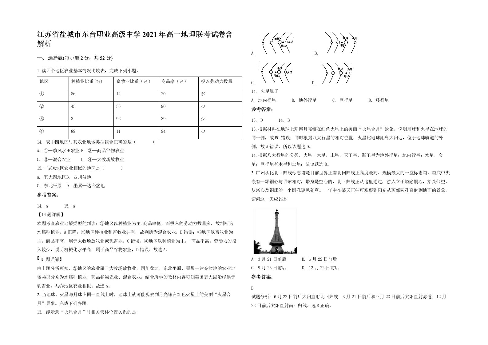 江苏省盐城市东台职业高级中学2021年高一地理联考试卷含解析