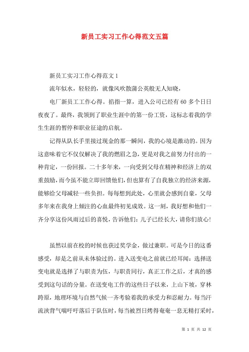 新员工实习工作心得范文五篇（一）