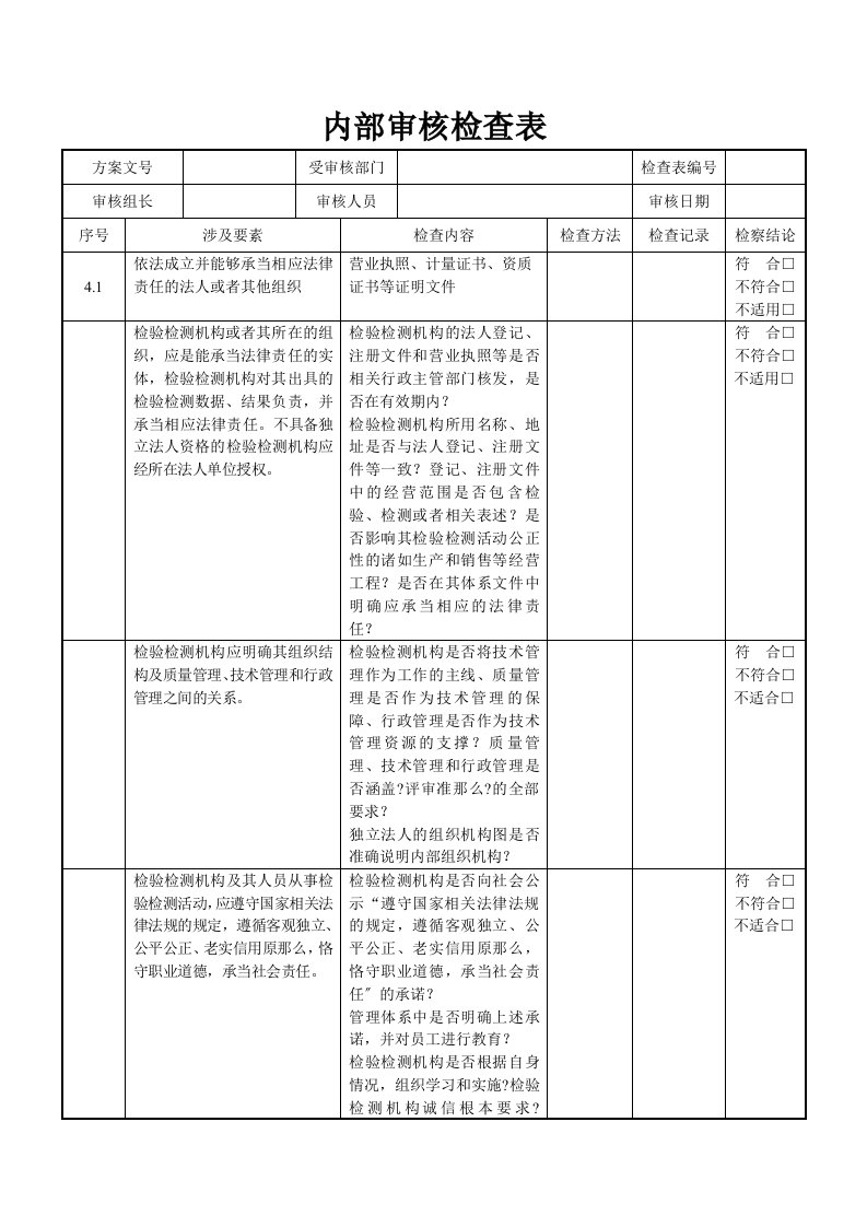 2023年新版公司内部审核检查表