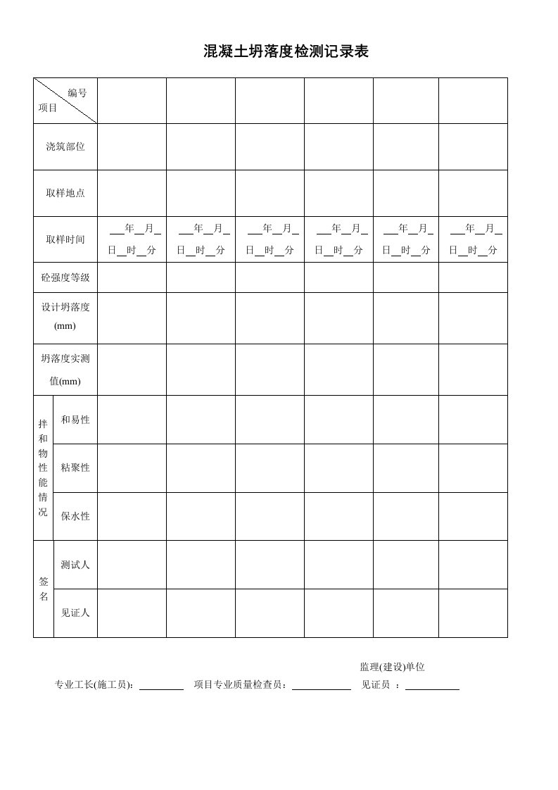 塌落度测试表格填写