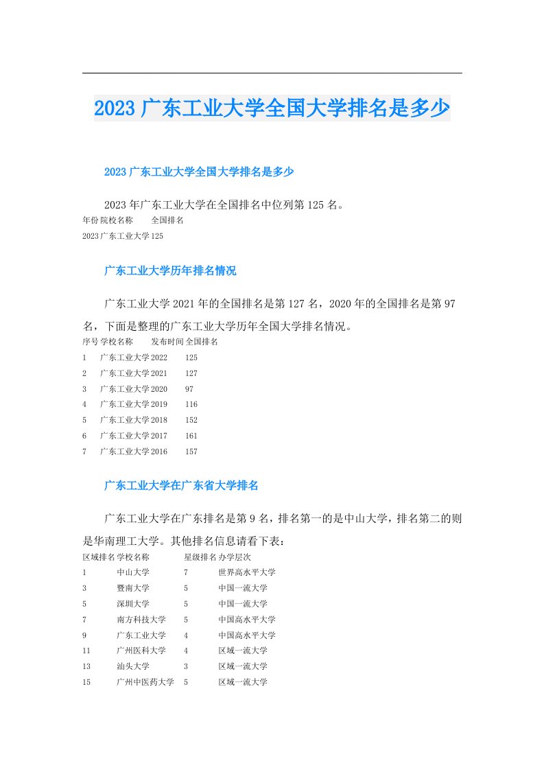 广东工业大学全国大学排名是多少