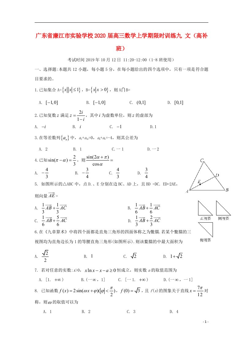 广东省廉江市实验学校2020届高三数学上学期限时训练九文高补班