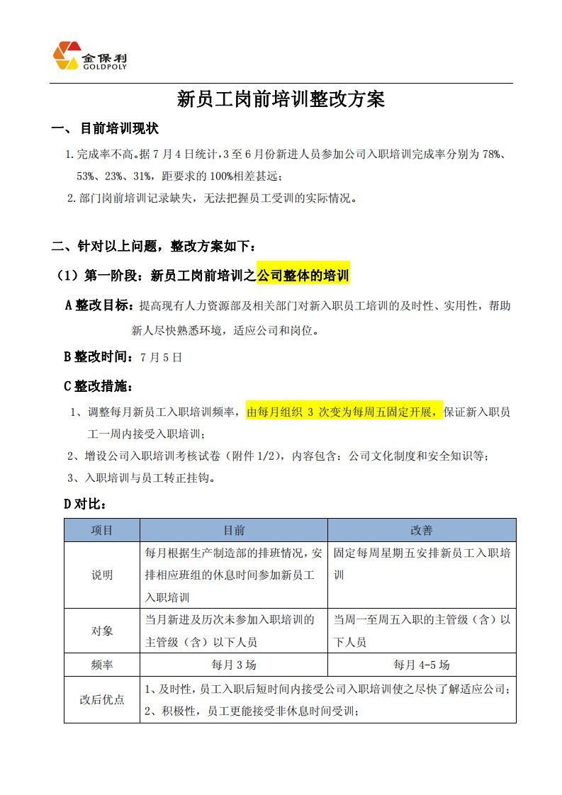 新员工岗前培训整改方案