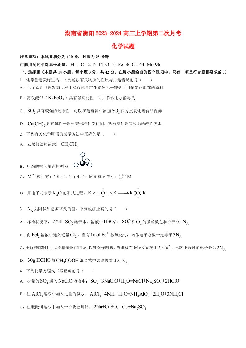 湖南省衡阳2023_2024高三化学上学期第二次月考试题