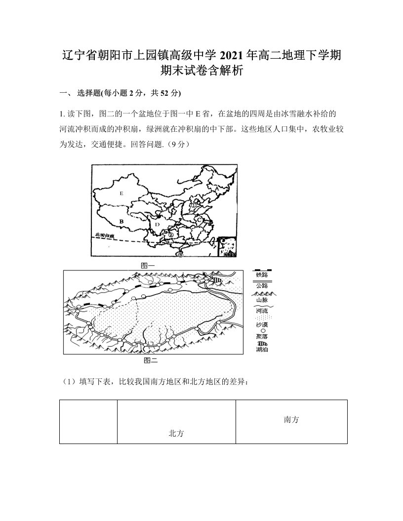 辽宁省朝阳市上园镇高级中学2021年高二地理下学期期末试卷含解析