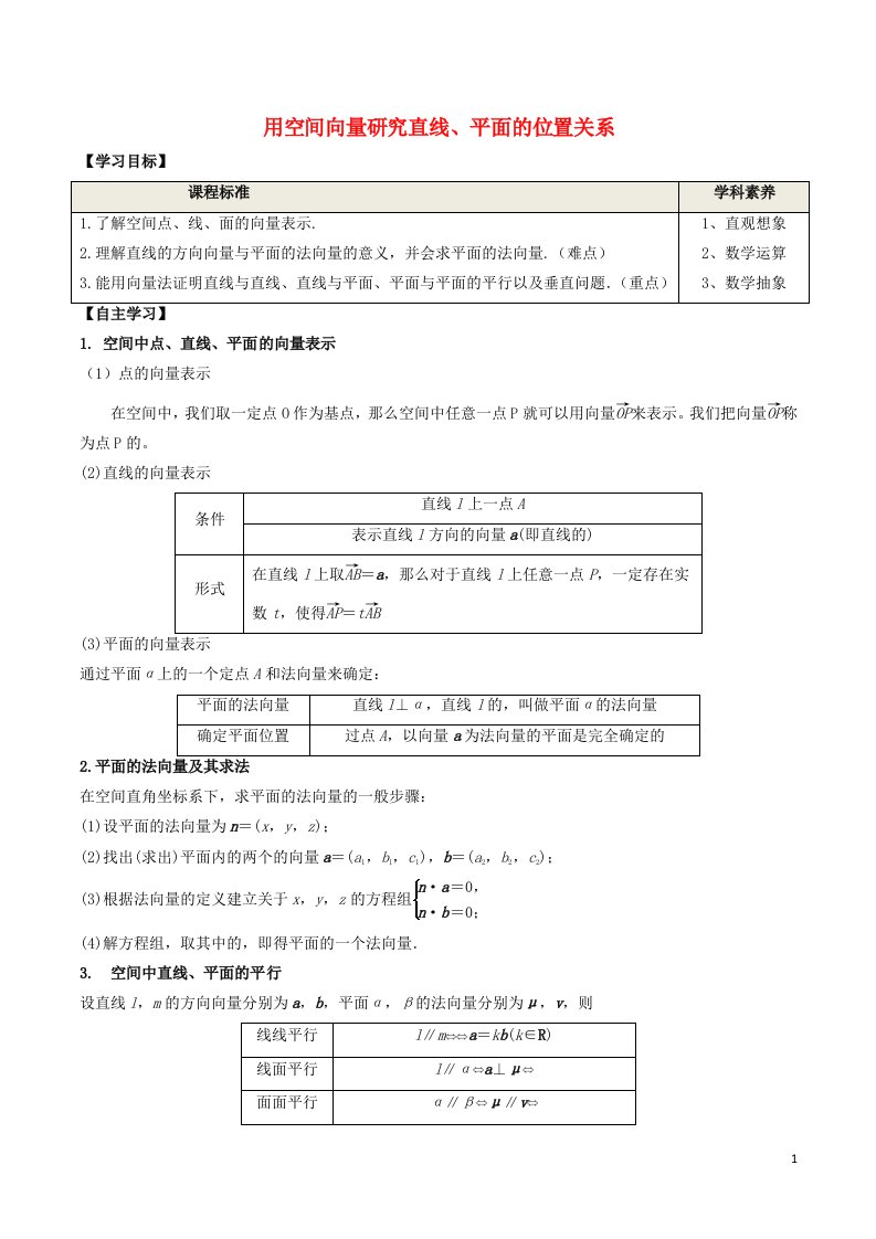 2020_2021学年新教材高考数学第一章空间向量与立体几何4.1用空间向量研究直线平面的位置关系学案新人教A版选择性必修第一册