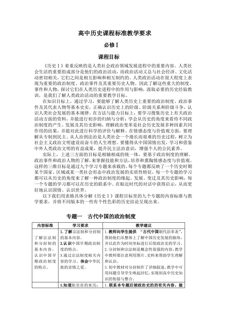 高中历史新课程标准教学要求