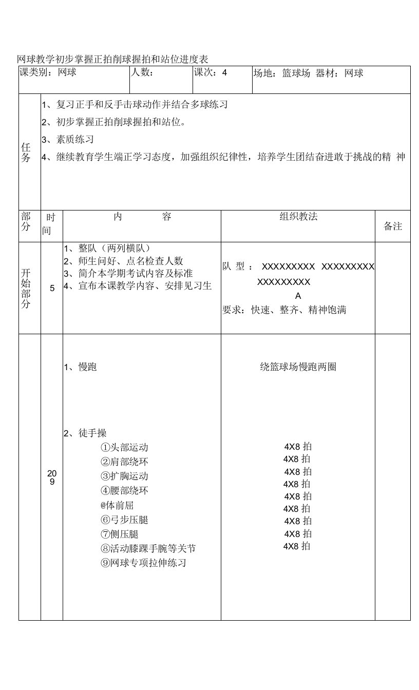 网球教学初步掌握正拍削球握拍和站位进度表