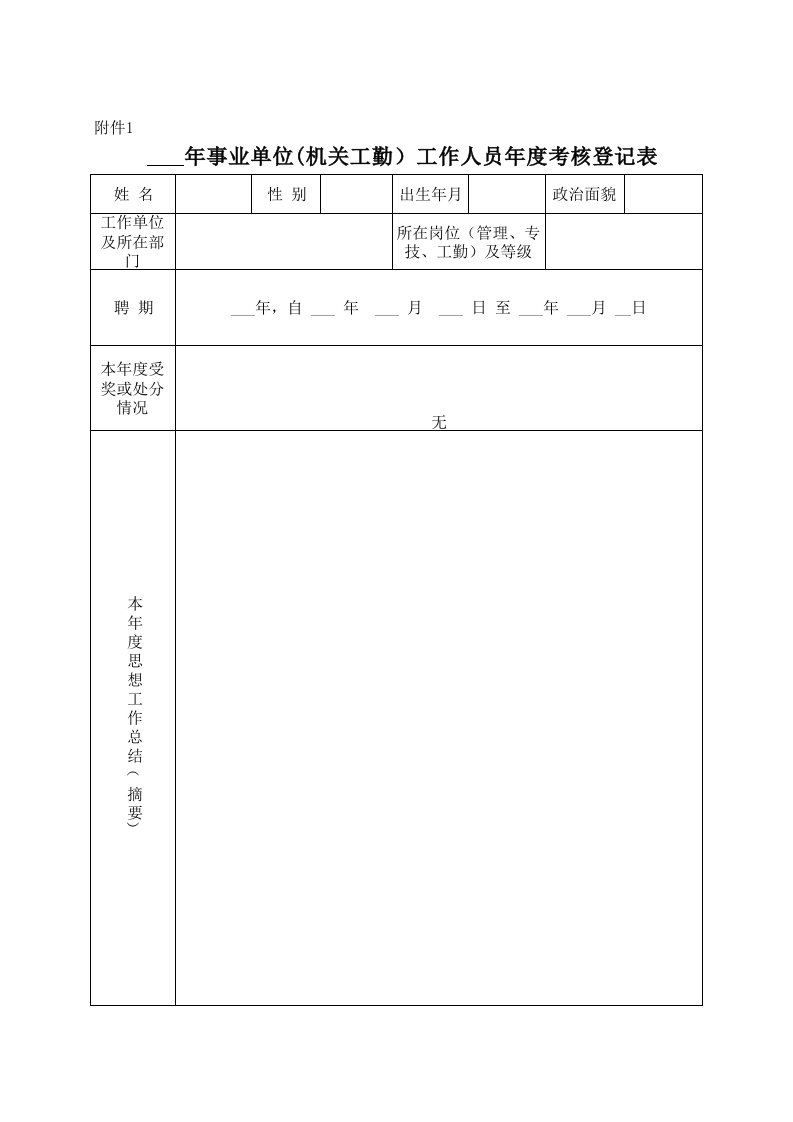 年度事业单位年度考核所需表格