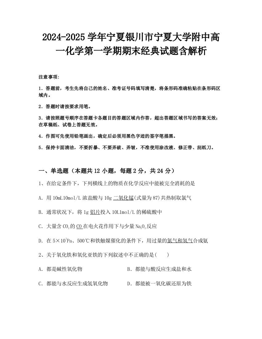 2024-2025学年宁夏银川市宁夏大学附中高一化学第一学期期末经典试题含解析