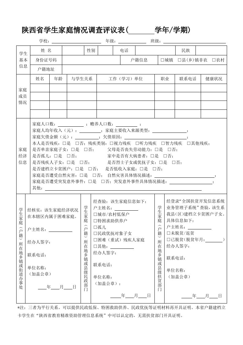 陕西省学生家庭情况调查评议表