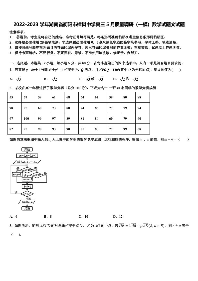 2022-2023学年湖南省衡阳市樟树中学高三5月质量调研（一模）数学试题文试题