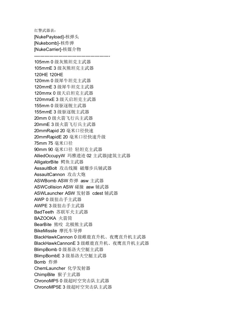 红警2武器数据表