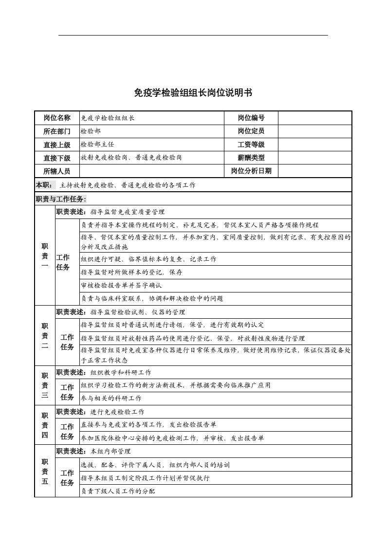 免疫学检验组组长岗位说明书