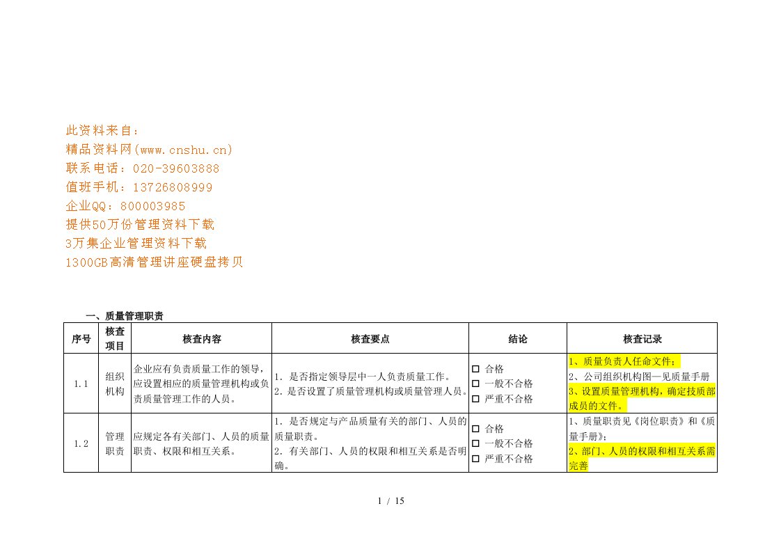 过程质量管理与产品质量检验表