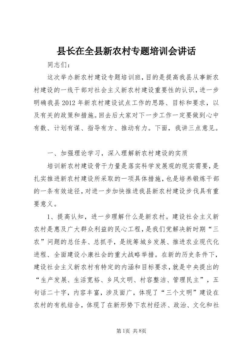 县长在全县新农村专题培训会讲话