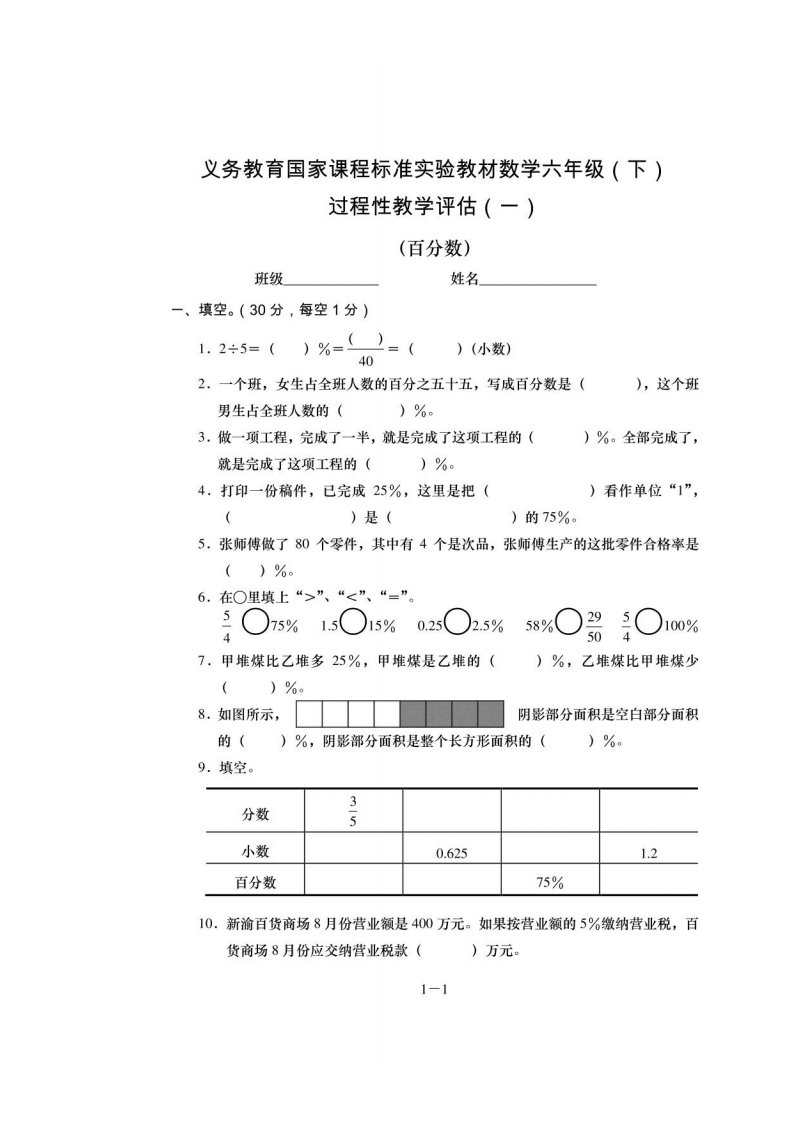 小学数学六年级下期每单元检测题