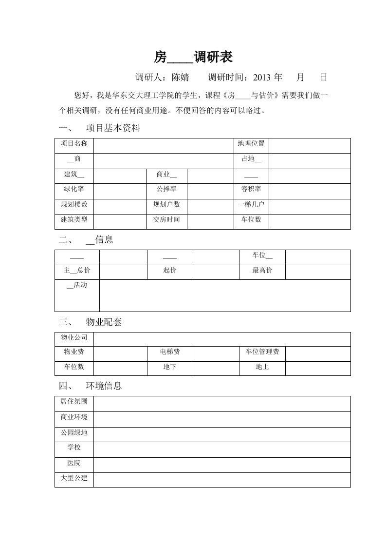 房地产楼盘调研表