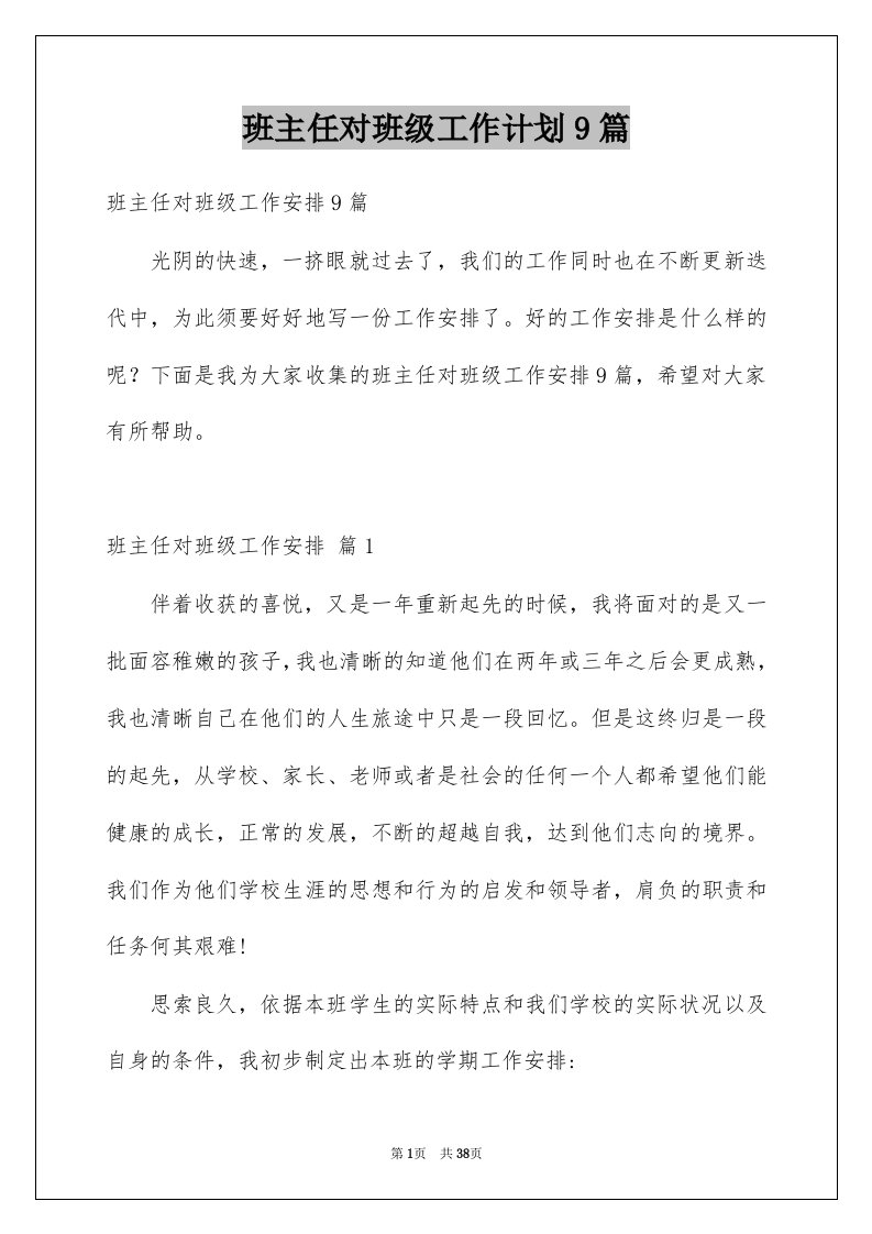 班主任对班级工作计划9篇