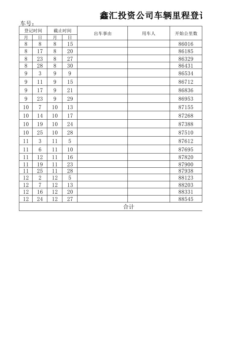 办公车辆里程登记表