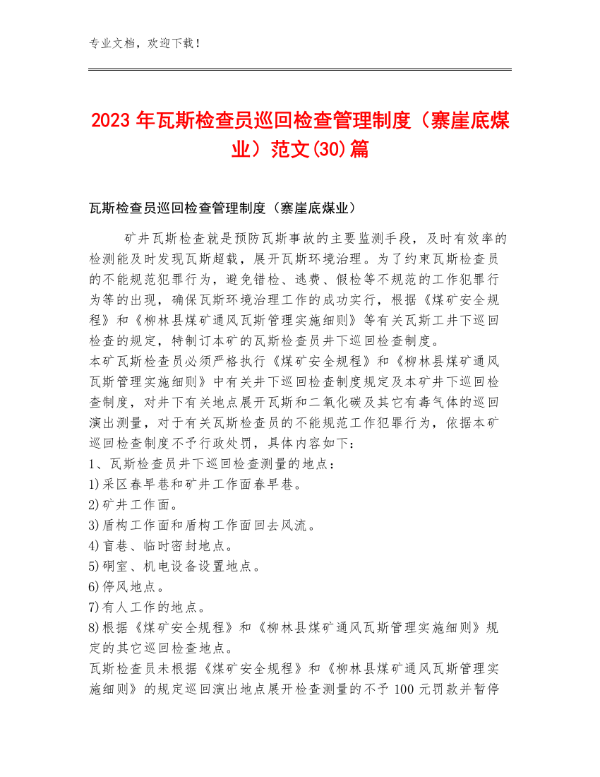 2023年瓦斯检查员巡回检查管理制度（寨崖底煤业）范文(30)篇