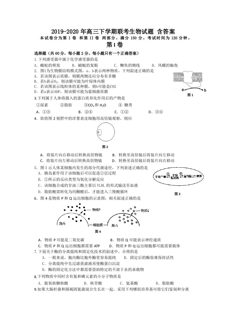 2019-2020年高三下学期联考生物试题