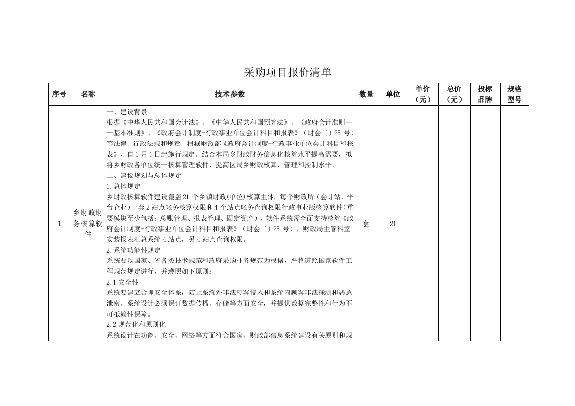 采购项目报价清单