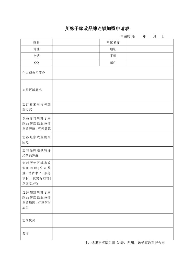 品牌管理-川妹子家政品牌连锁加盟申请表