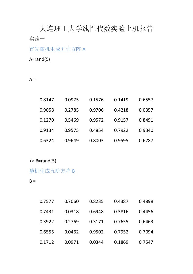 大连理工大学线性代数实验上机报告