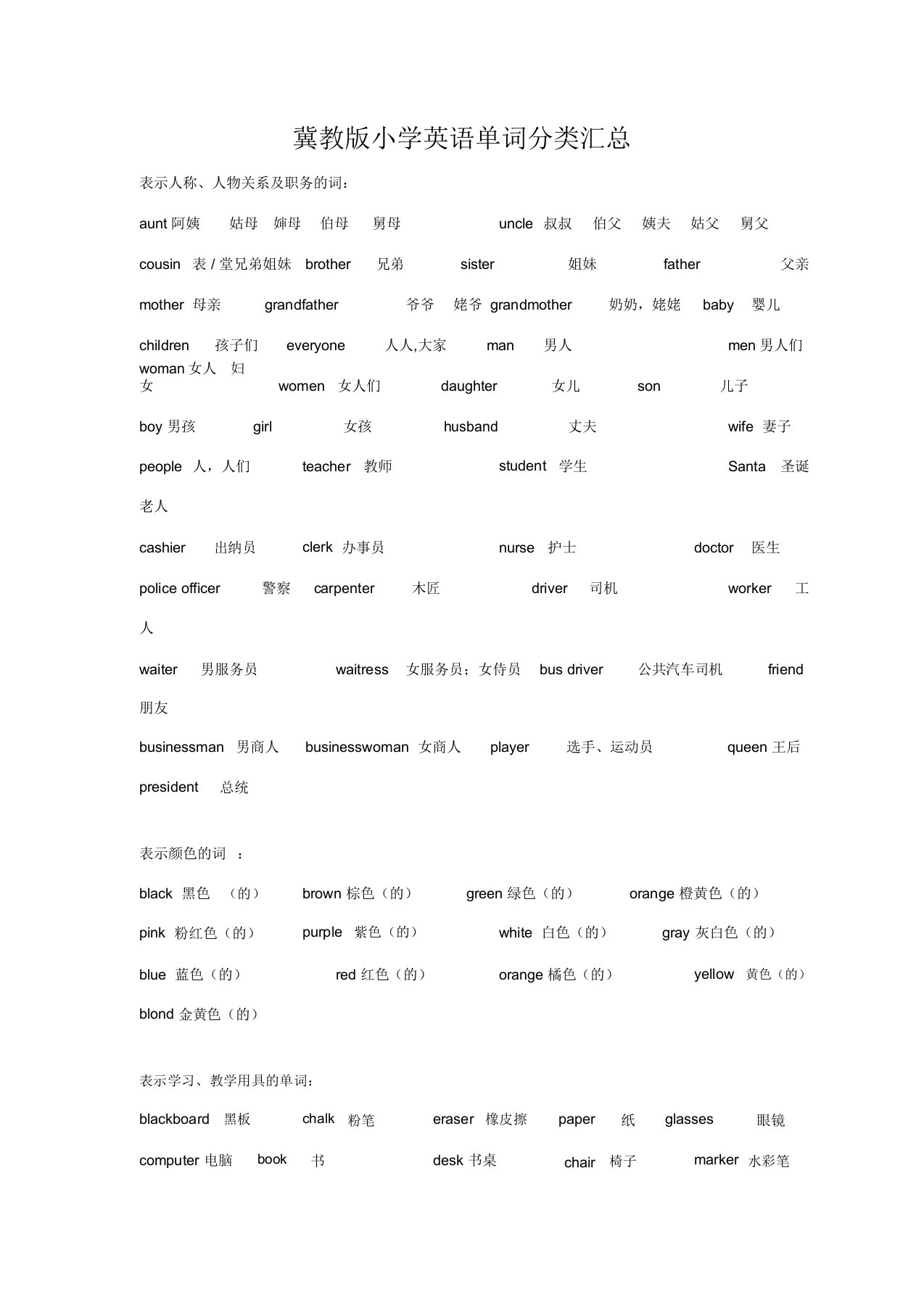 冀教版小学英语单词分类汇总